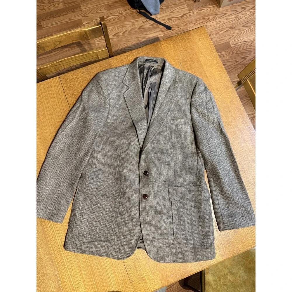 Haggar Imperial Blazer 42L Brown Herringbone‎ Wool Tweed Sport Coat USA Made
